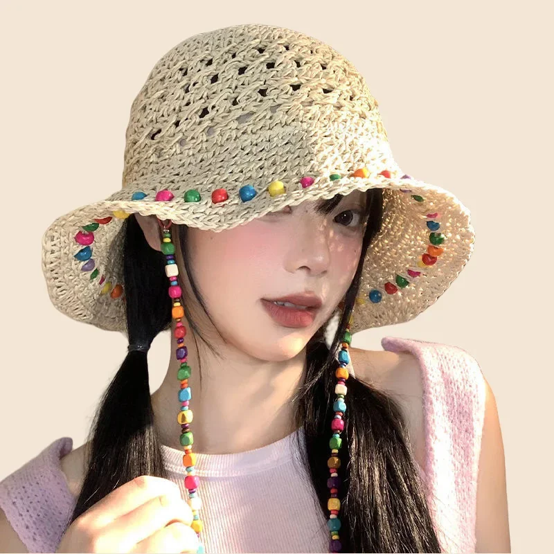 

Women's Beaded Straw Bucket Hat Summer UV Protection Wide Brim Foldable Openwork Boho Beach Hat Colorful Sun Hat