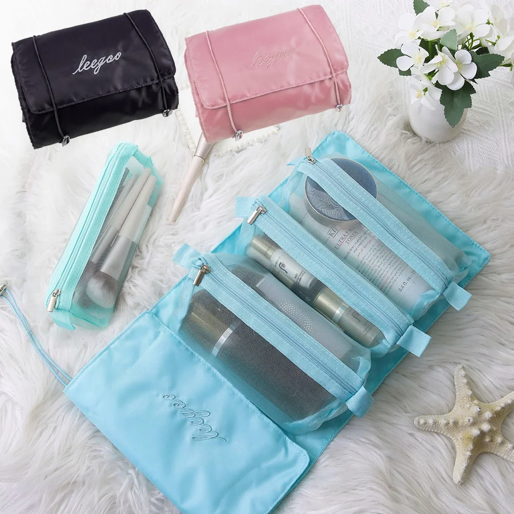 Travel Cosmetic Bag Roll-Up Makeup Bag 4-In-1 Foldable Toiletry Bag for Travel Removable Storage Organizer Pencil Lipstick Pouch