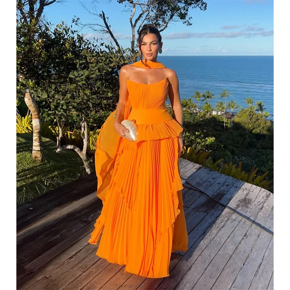 

Orange Prom Dress Customized Strapless Draped Chiffon A-line Evening Dresses with Scarf Backless Floor Length Party Gowns