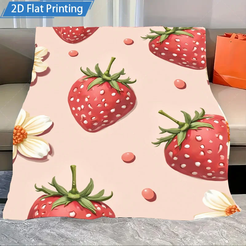1pc Flannel Blanket Strawberry Print Blanket Soft Cozy Throw Bedding Decor for Living Room Couch Cover