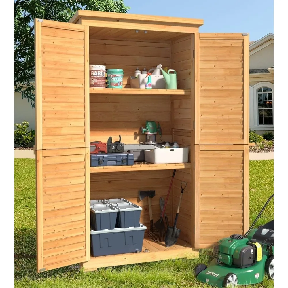 Storage Cabinet  3 Shelves, Double Lockable Shed Waterproof Roof, Outside Vertical Tall Tool Shed Yard Patio Lawn Deck-Natural