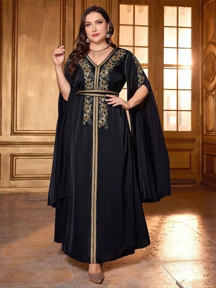 

Black Chiffon Prom Gowns Moroccan Kaftan Gold Embroidery Evening Dresses Long Muslim Saudi Arabic Special Occasion Party Dress