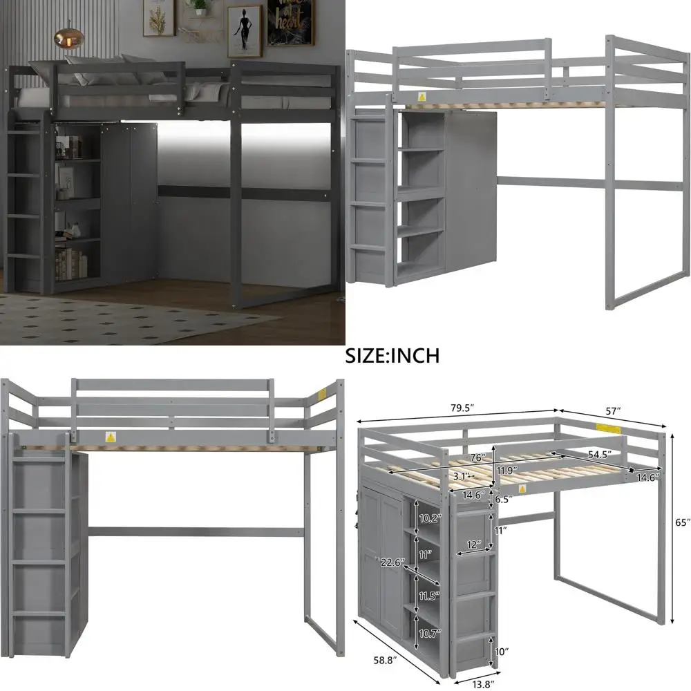 Large Wooden Bed with Wardrobe, LED Light, and Storage for Gaming, Suitable for Adults, Teens, and Kids in Gray