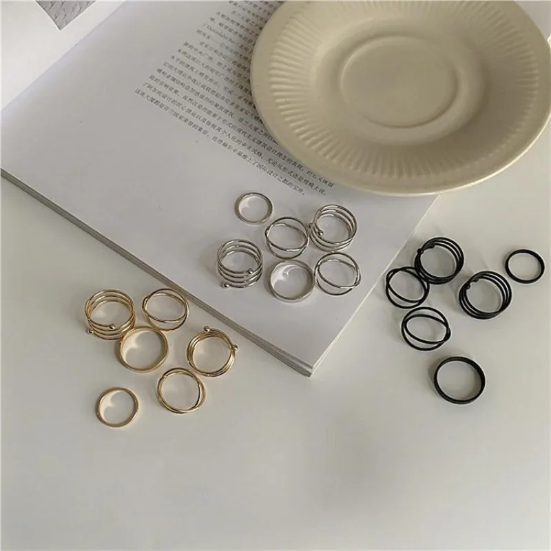 6Pcs Punk Gothic Schwarz Finger Knuckle Ring Set Für Frauen Vintage Minimalistischen Geometrische Kette Breiten Ring Mode Schmuck