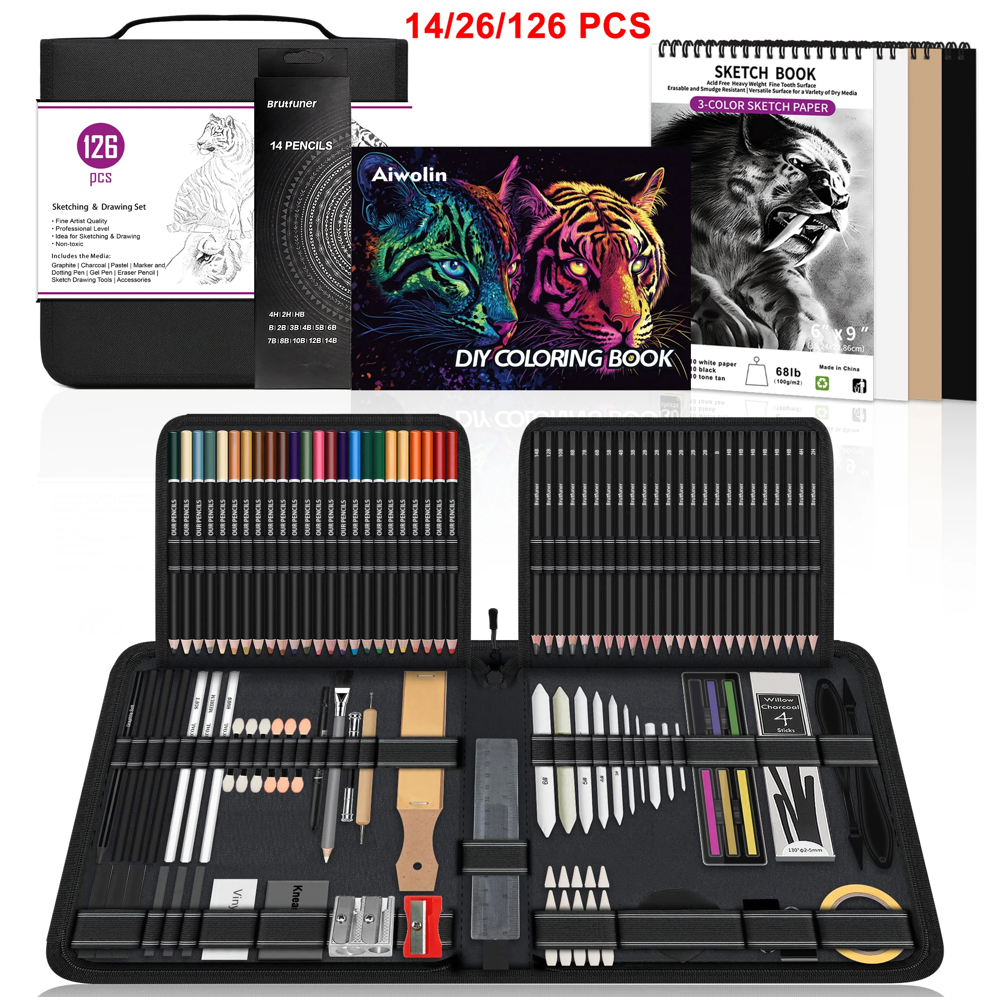 

Набор для рисования 14/26/64/126 предметов: карандаши для скетчинга, художественные принадлежности с 3-цветным скетчбуком, графитом, углем, инструментами для растушевки