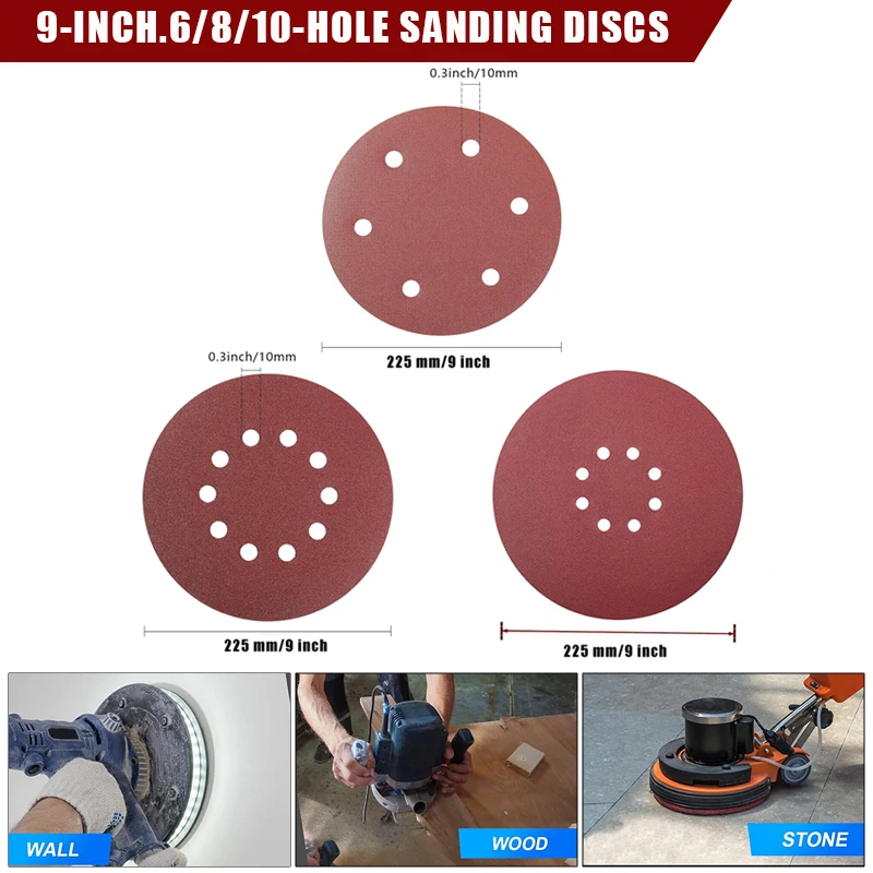 9 Inch 225mm Sandpaper Round Shape Sanding Discs Hook Loop Sanding Paper Buffing Sheet Sandpaper 6/8/10Hole Sander Polishing Pad