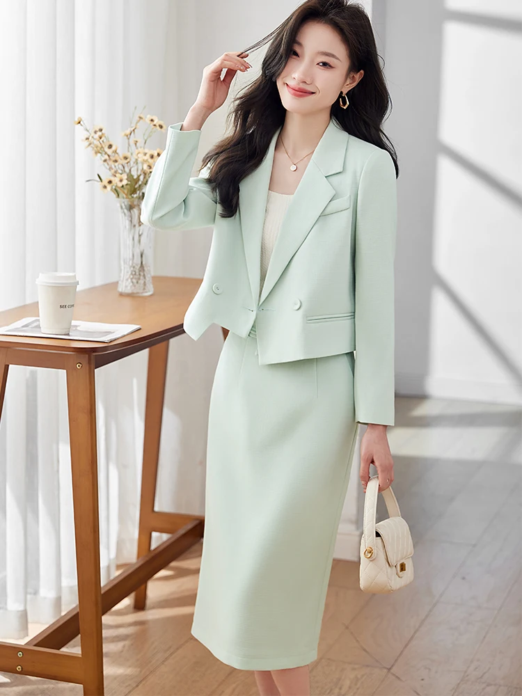 Fashion Women Formal Blazer Skirt Suit Ladies Black Apricot Green Long Sleeve Female Work Wear Two Piece Set For Autumn Winter