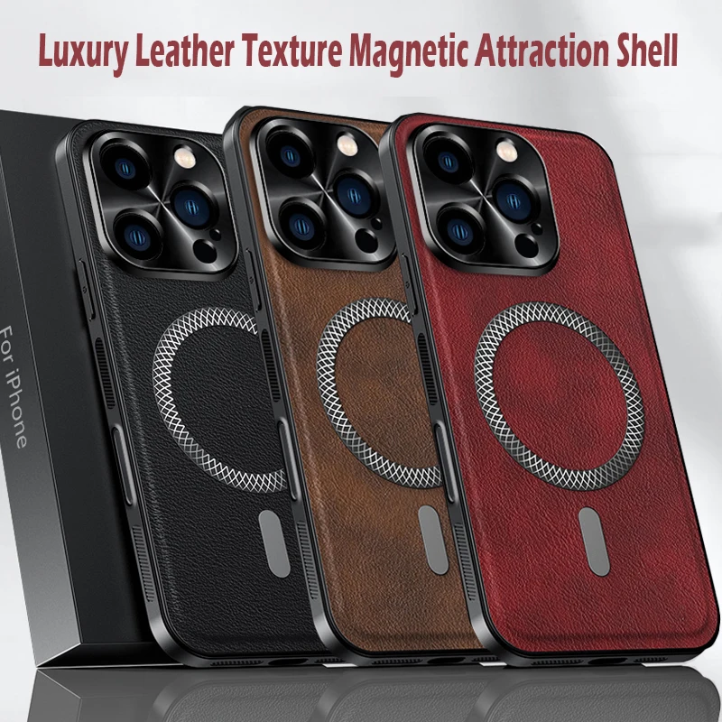

Luxury PU Leather Case For Apple iPhone 16e 16 15 14 13 12 11 Pro Max Plus Magsafe Magnetic Lens Protection Shockproof Cover