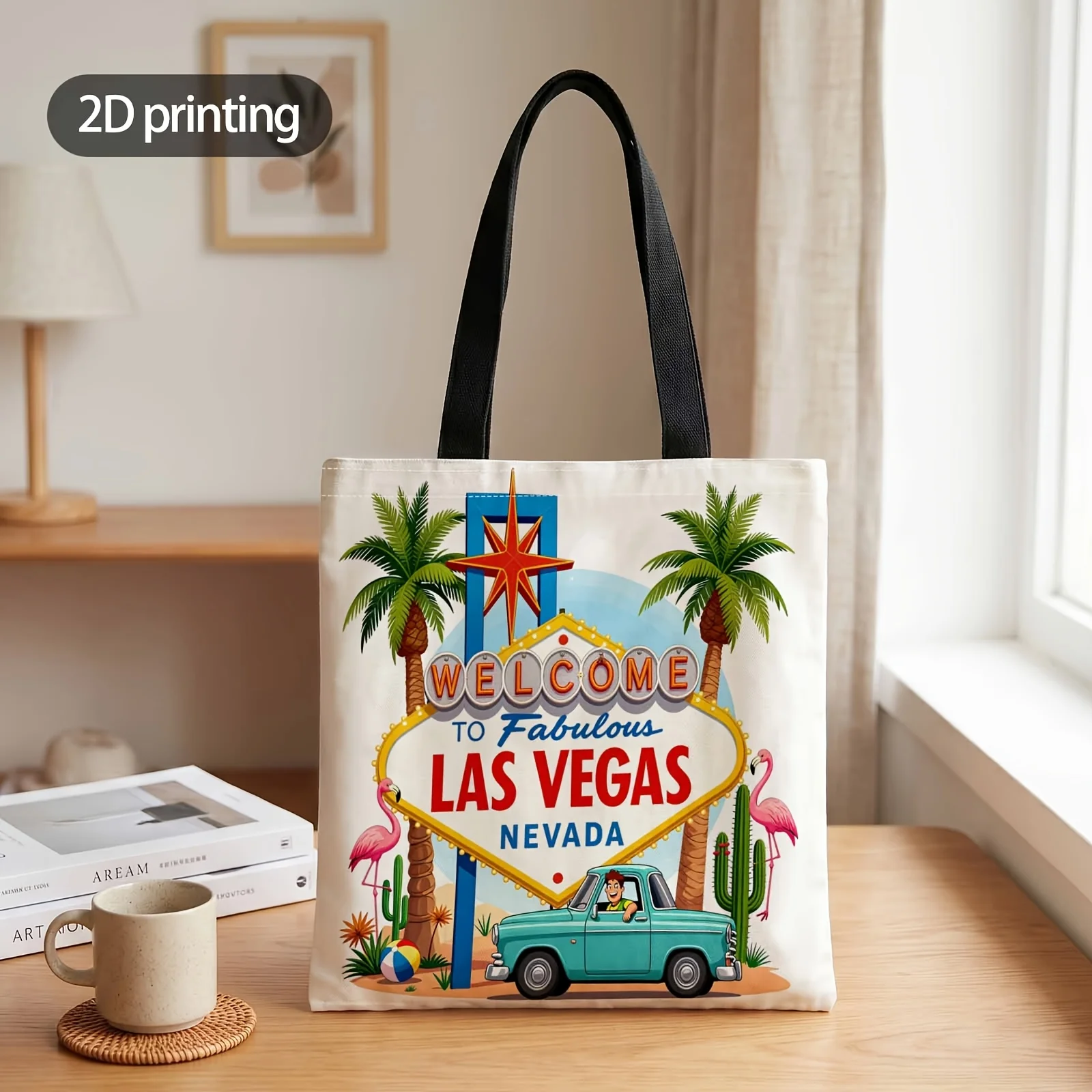 2D Printed Handbag with Welcome to Fabulous Vegas Pattern, Reusable Fashion Shoulder Bag Shopping Tote Bag Suitable for Shopping