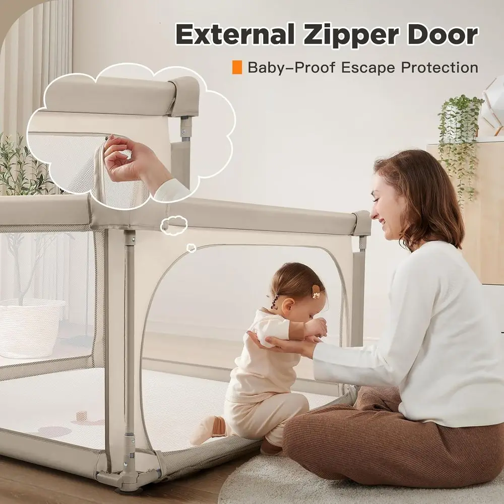 روضة أطفال قابلة للطي مقاس 47 × 47 مع باب بسحاب، منطقة لعب كاكي فاتح للرضع والأطفال الصغار #3