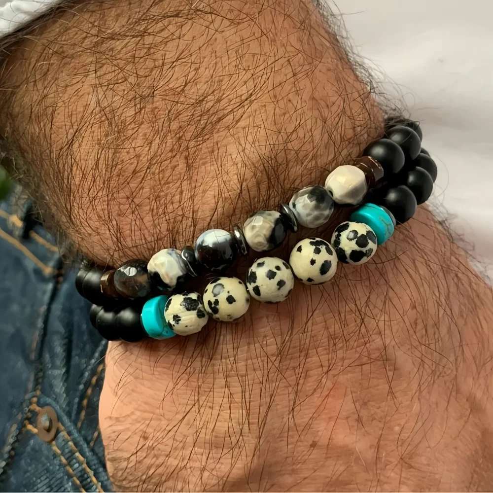 Vintage Doppelschicht Naturstein-Perlen Armband Punk Spot Stone Herren Armband Rock Hip Hop Schmuck Accessoires – Detail 1