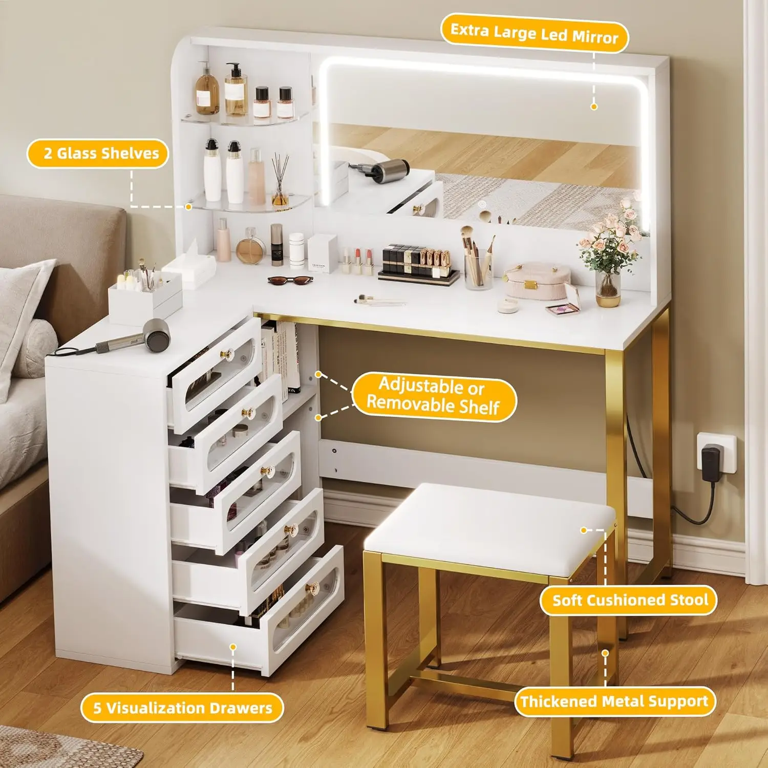 YITAHOME Vanity Desk Set- L Makeup Vanity with Mirror and Lights 3 Lighting Modes, 48" Large Dressing Table with 5 Tempered