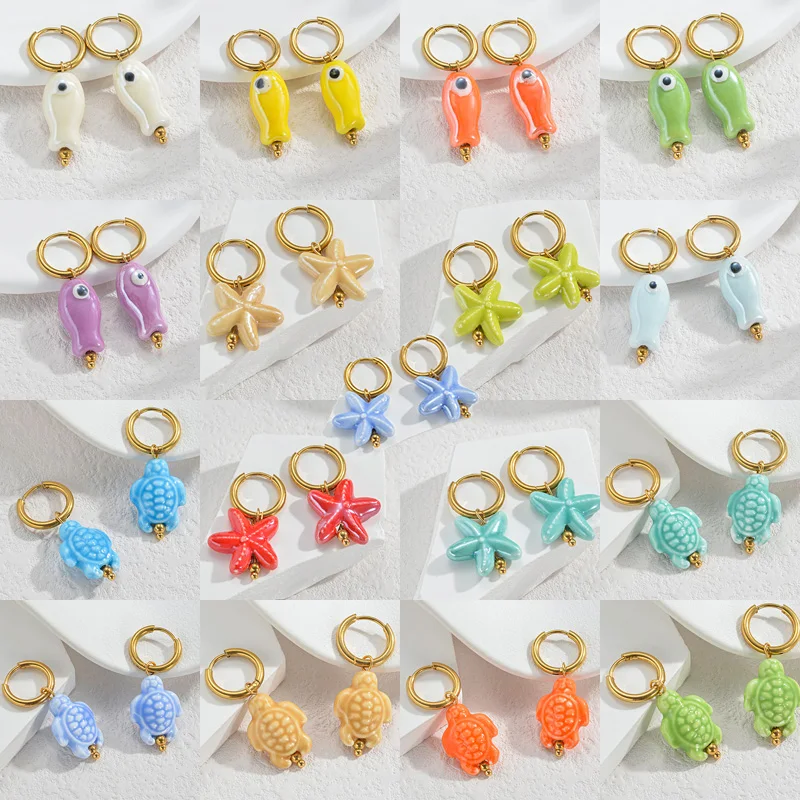 Nextvance Cute Ceramic Starfish Fish Turtle Charms Hoop Earrings Gold Plated Stainless Steel Ear Clip Jewelry Birthday Gifts