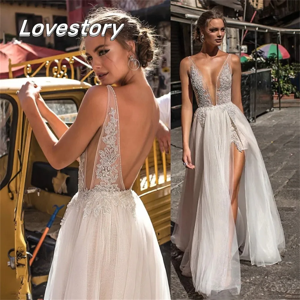 A-Line Wedding Dresses Backless Lace Bride Robes Sexy Front Split Appliques Sleeveless Boho Long Bridal Gowns Vestidos De Novia