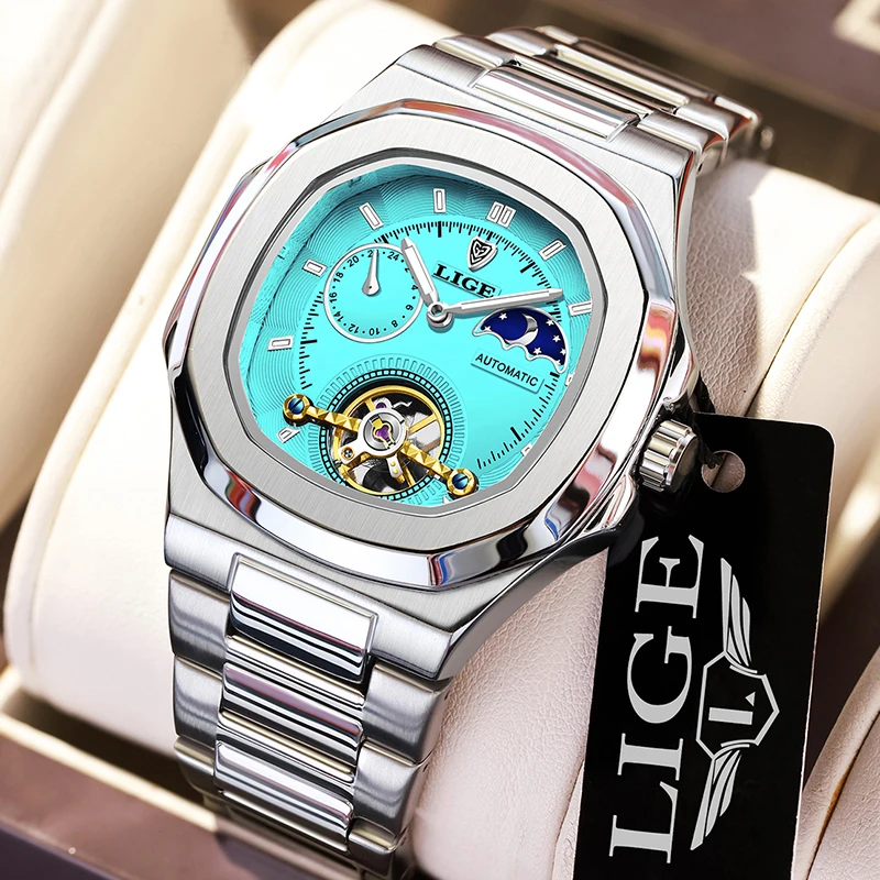 

LIGE New Men's Mechanical Wristwatch Top Brand Luxury Waterproof Tourbillon Watch Men Business Square Automatic Watches For Men