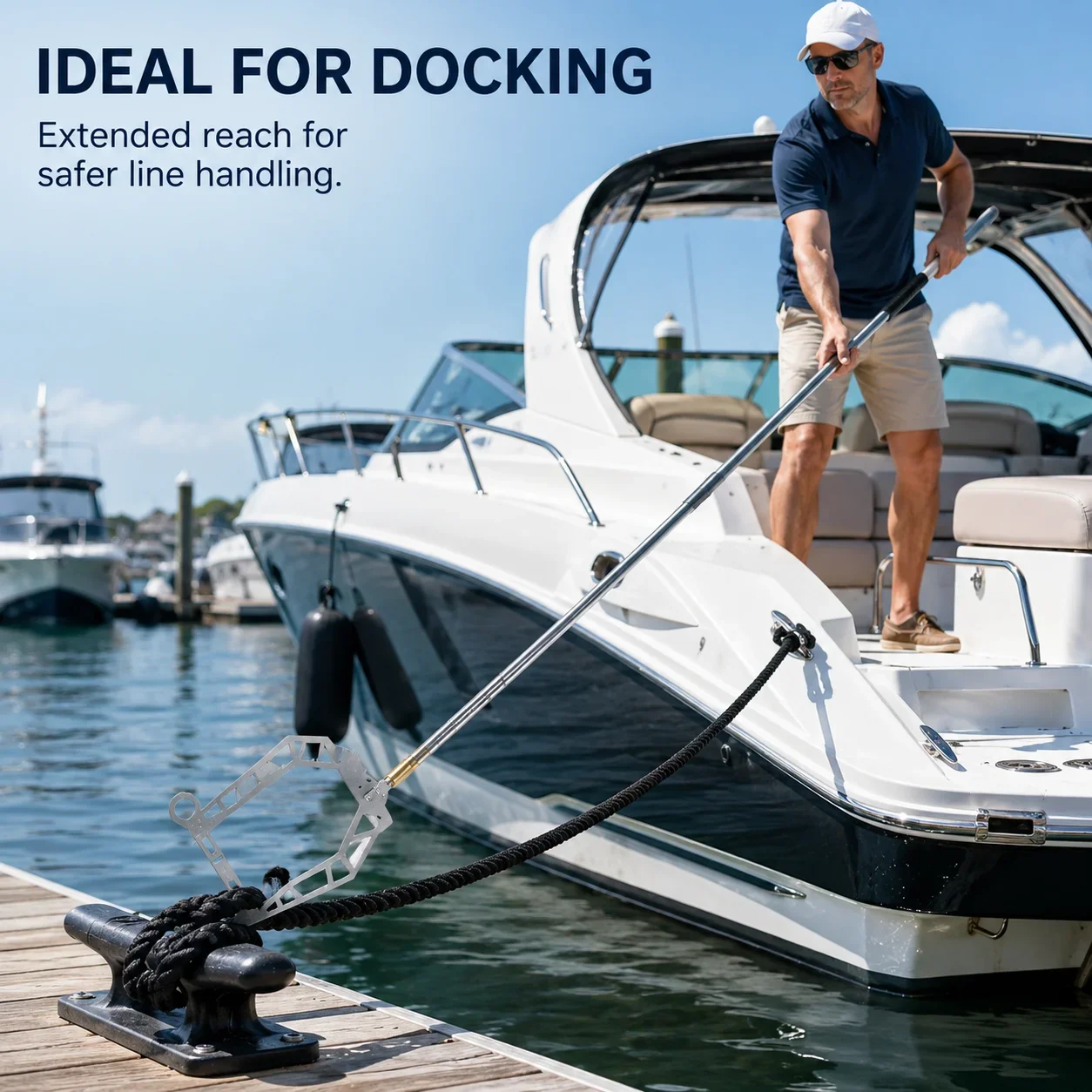 Portable Mooring Line Threader with Stainless Steel Dock Hook Long Reach Tool for Kayaks Yachts and Ships During Marina Docking