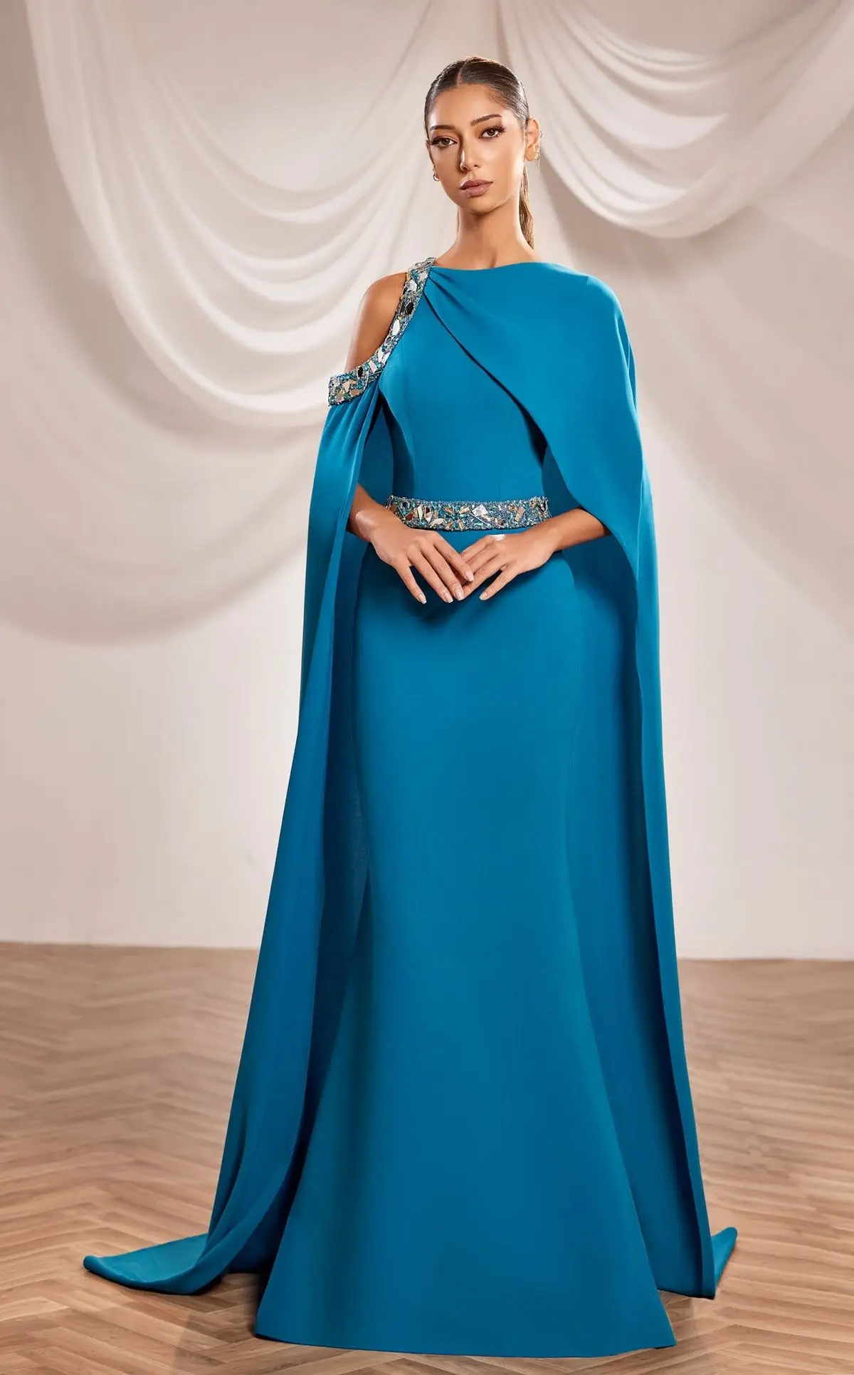 Customized Teal Mother of the Bride Groom Dresses Crystal Beaded Graceful Asymmetric Neckline Full-Length Column Evening Gowns