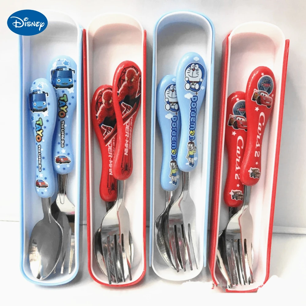 Disney Children\'s Training Chopsticks Spoon Fork Set Frozen Minnie Mickey Cars Spider man Fork Spoon Chopsticks Portable Cutlery