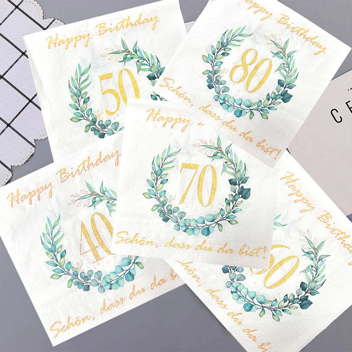 30pcs Eucalyptus Milestone Birthday Napkins – Gold Foil 40th/50th/60th/70th/80th Disposable Paper Napkins