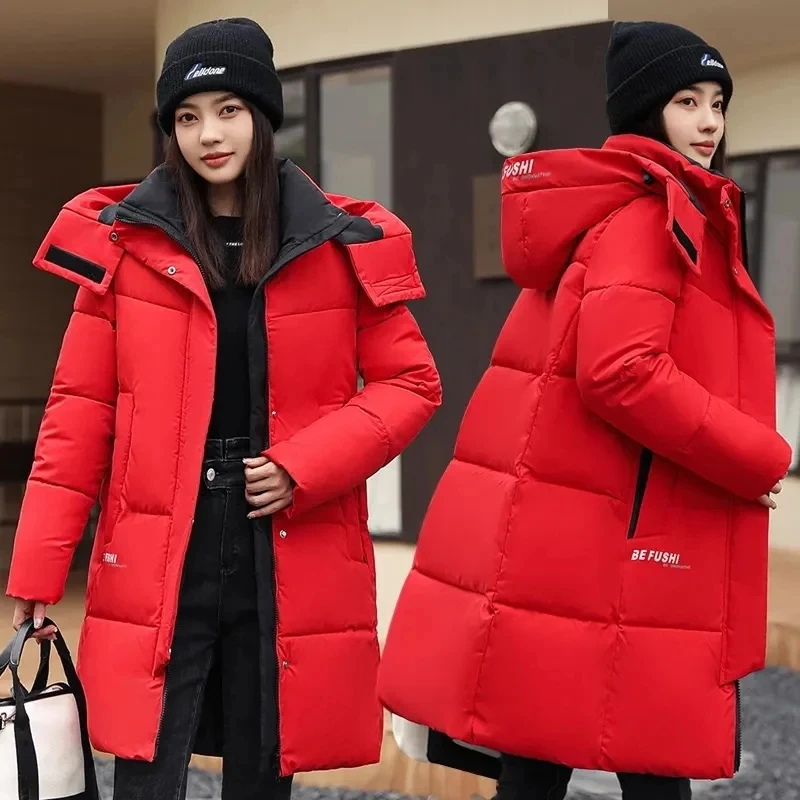 

WinterNew Women Hooded Jacket Korean Down Cotton Jacket Solid Long Fashion Warm Parka Loose Casual Snow Wear Coat Outwear Ladies