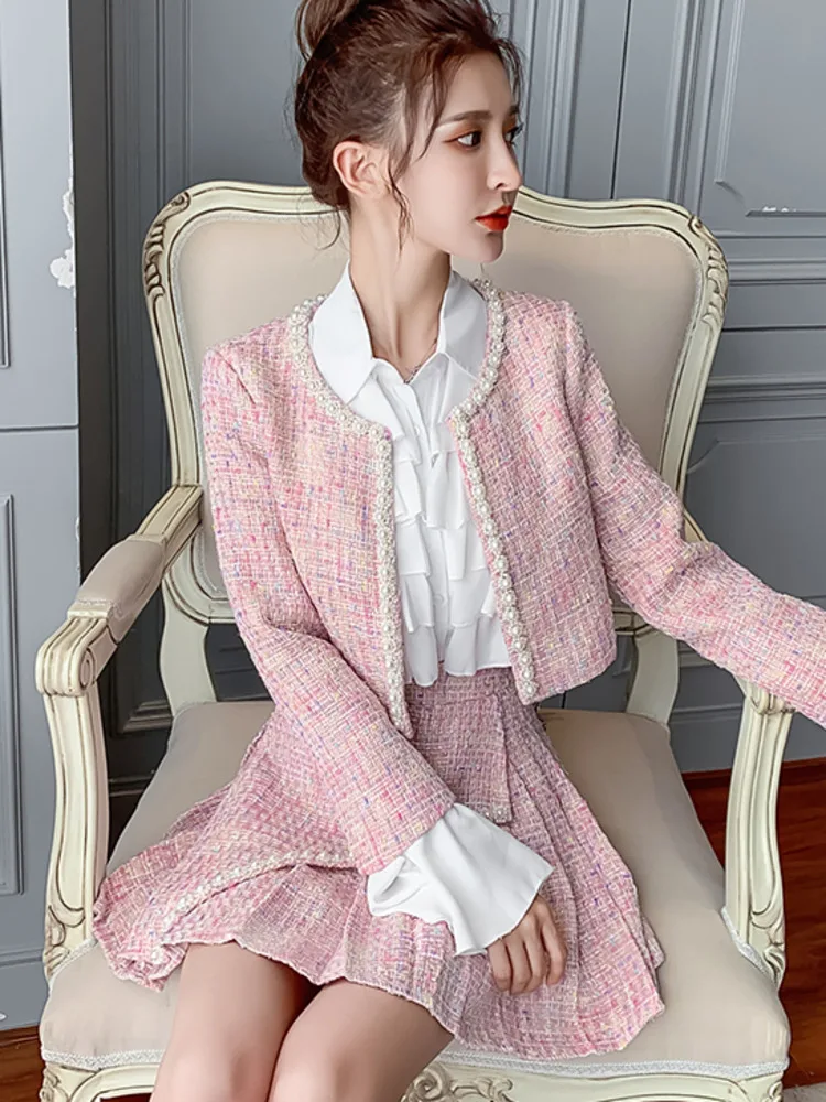 2024 Autumn Winter New Women Tweed 3 Piece Set Beading Short Coat + Pleated High Waist Pleated Skirt + Chiffon Shirts Outfits