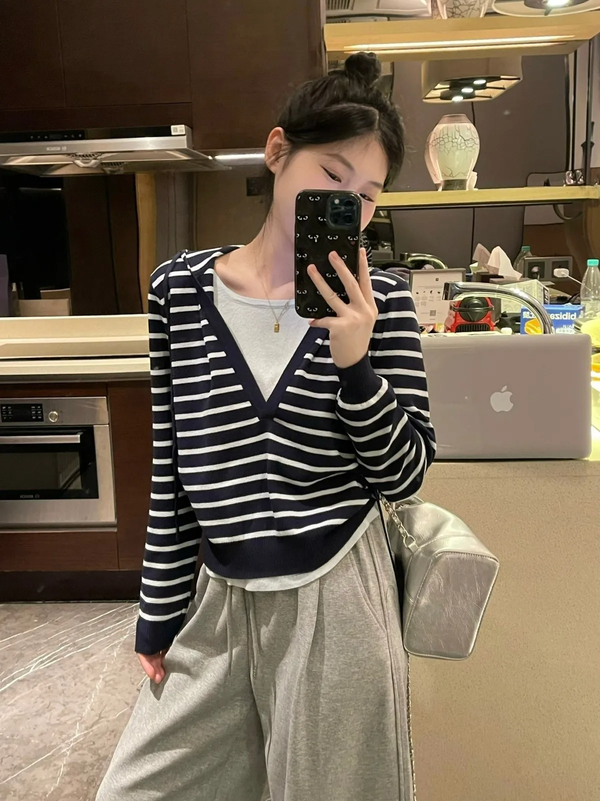 Herbst Winter Damen Gestrickter Kapuzenpullover Streifen Langes Sve Top Lässiges, lockeres T-Shirt in Länge Weiche Viskose-Polyester-Mischung