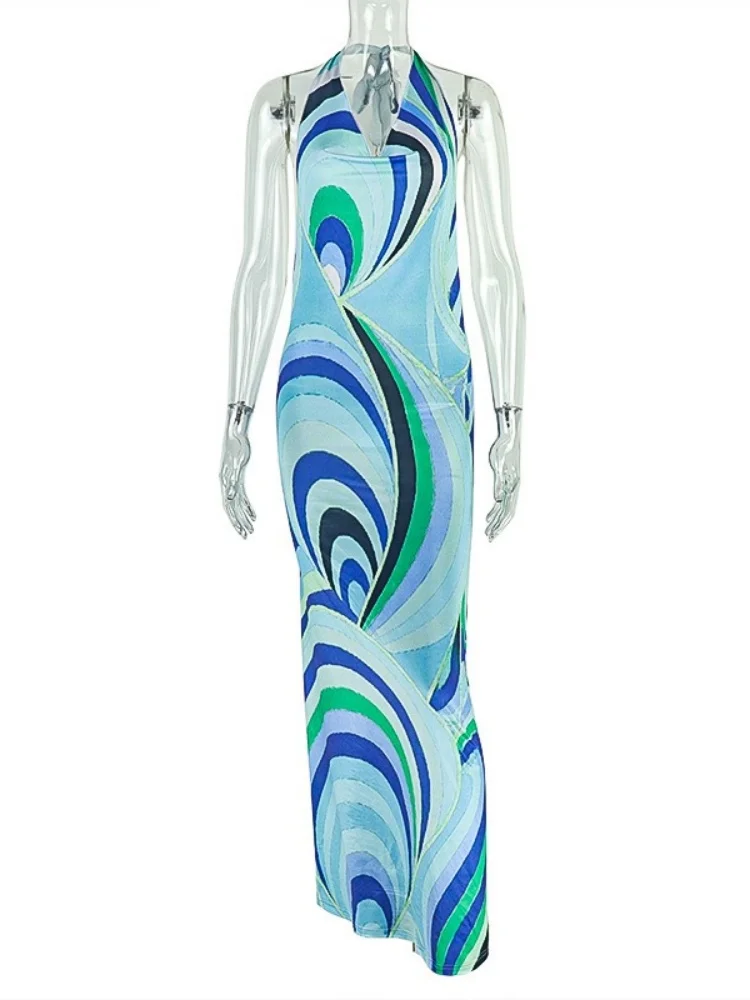 เดรส Wmstar ผู้หญิง ขายส่ง เดรสปะต่อ ดีไซน์หรู เปิดหลัง สายคล้องคอ กระชับสัดส่วน พิมพ์ลาย จีบระบาย ยาว