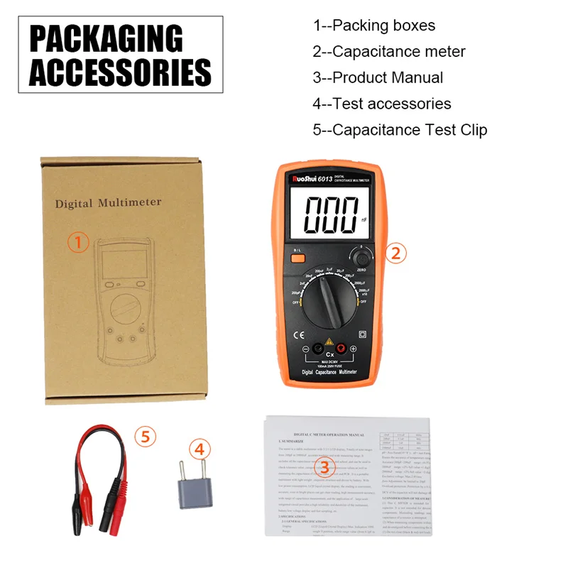 RuoShui6013 Digital Capacitance Meter High Precision Handheld Capacitor Tester Auto Tool 200pF-20000uF Inductance LCR Multimeter