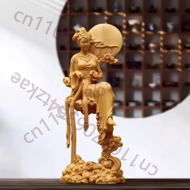 Natural Solid Wood Chang'e Fairy Characters Statue, Hand-carved Mythology, Jade Rabbit, Lmmortal, HomeRoomOffice Decoration,