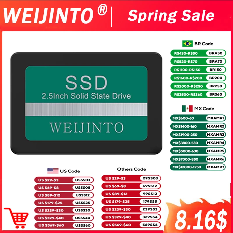 WEIJINTO SSD SATAIII 128GB 256GB 512GB 480GB 360GB 2.5 Inch 500GB 720GB 960GB 1TB Internal Solid State Desktop Laptop