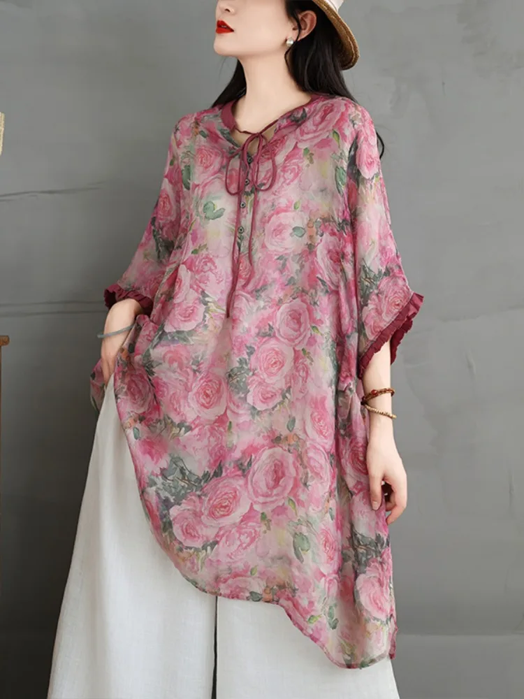 

Retro Ethnic Print Flax irt Women Summer Thin Loose Casual Sli Belted Midi Top Trendy Button-Down Cotton Linen Blend