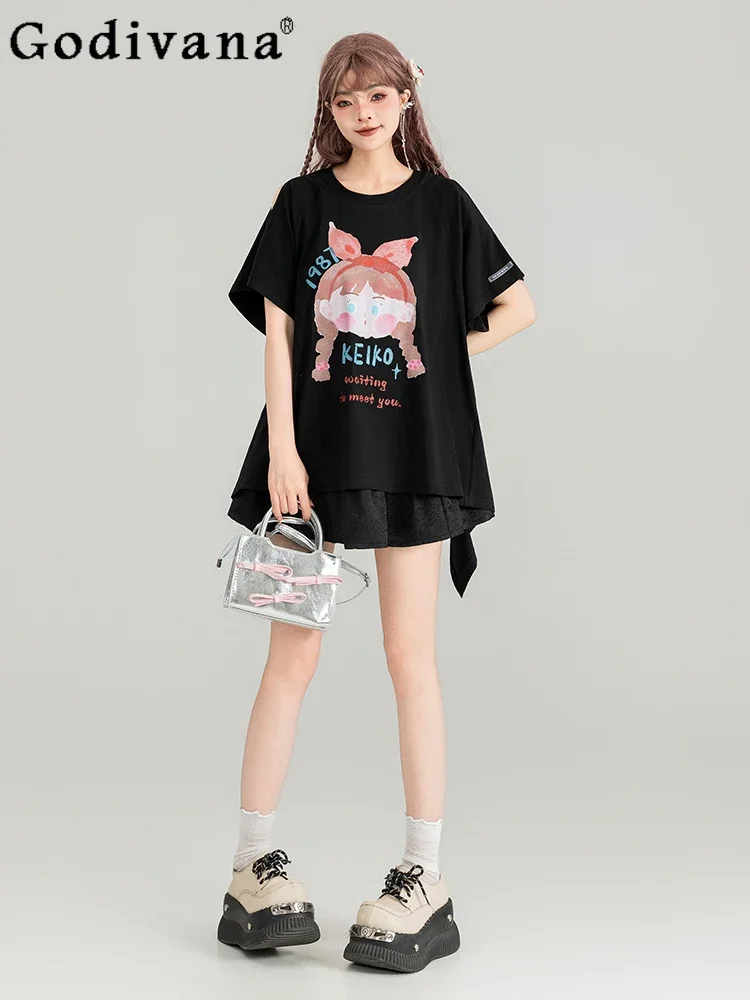 

Korea Sweet Black Loose Short Sleeve Tops 2024 Summer New Fashion Casual Y2k Cute Bow T-shirt Women Clothing Student Tees