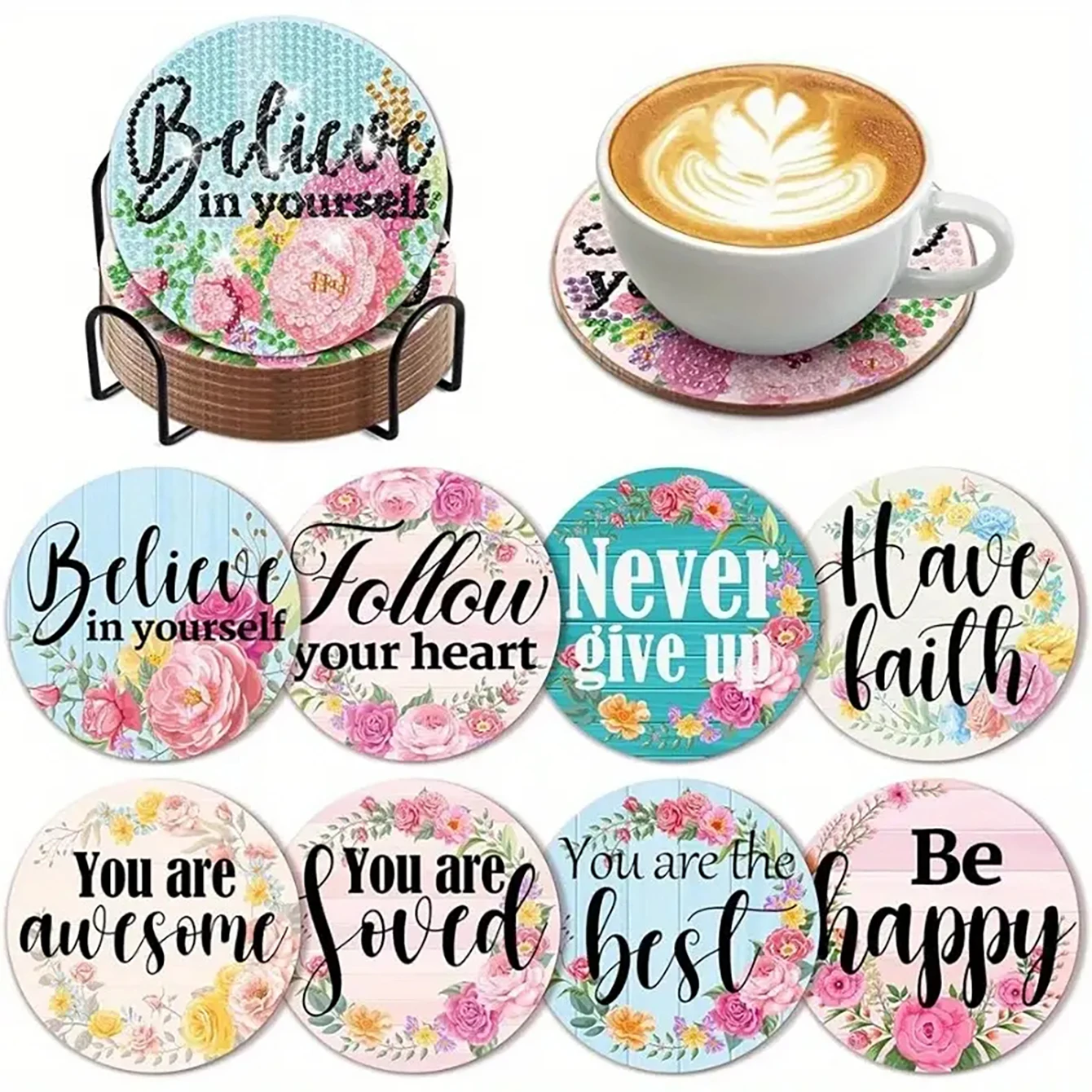 8 pieces/set of DIY coasters with text patterns, diamond paintings, and brackets, suitable for beginners, art and craft gifts