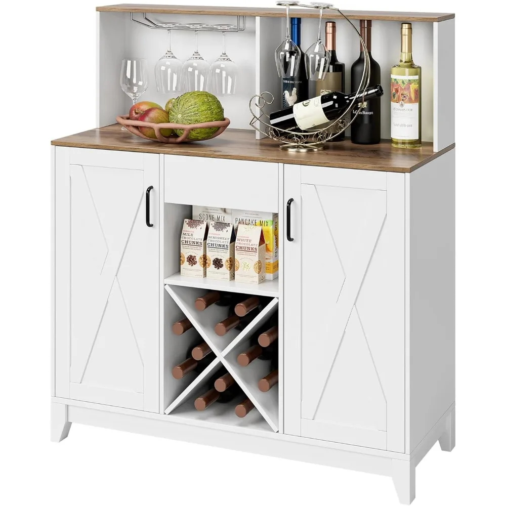 Farmhouse Coffee Bar Cabinet, Barn Doors Wine Liquor Bar  with Storage Hutch, Kitchen Sideboard Buffet with Drawer | Shelves