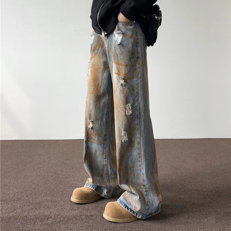 

Мужские джинсы в американском ретро-стиле, свободного кроя, прямые, с эффектом потертости, с ручной окраской под грязь, синие, повседневные, молодежные