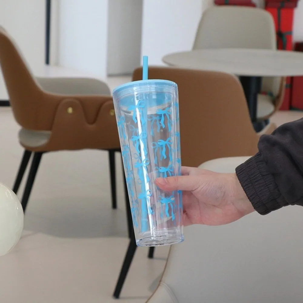 

Cute Cute Bowknot Travel Water Bottle Plastic Transparent Straw Cup 700ml Beverage Serving Juice Cups