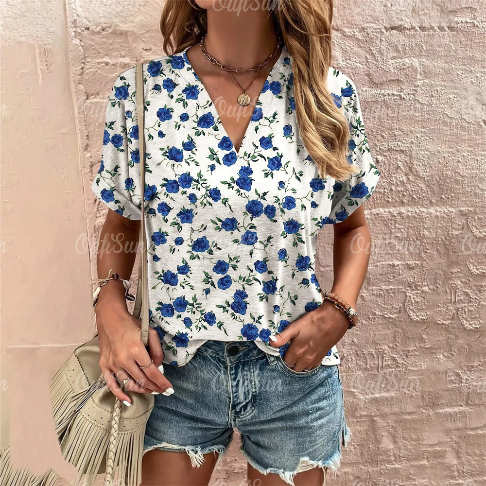 Short Sleeve V Neck Tshirt Women\'s Fashions Loose Plus Size Clothing Crushed Flower Casual T Shirts Streetwear Casual Woman Tops