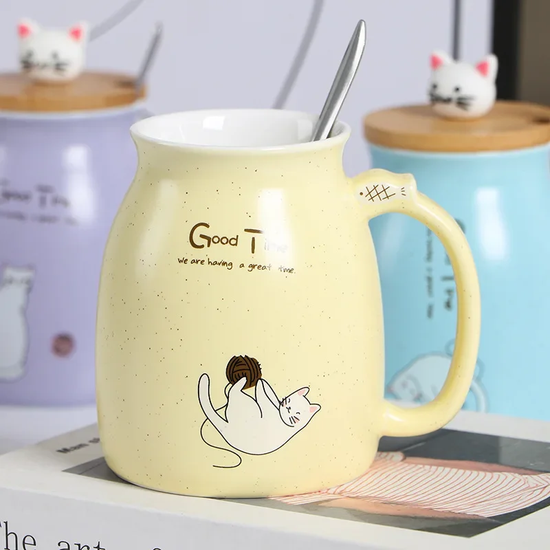 Japanese Style Wooden Lid Mug with Spoon Cute Cartoon Cat Milk Ceramic Mug Ice Yogurt Juice Cup Heat-resistant Mug Gifts Cup