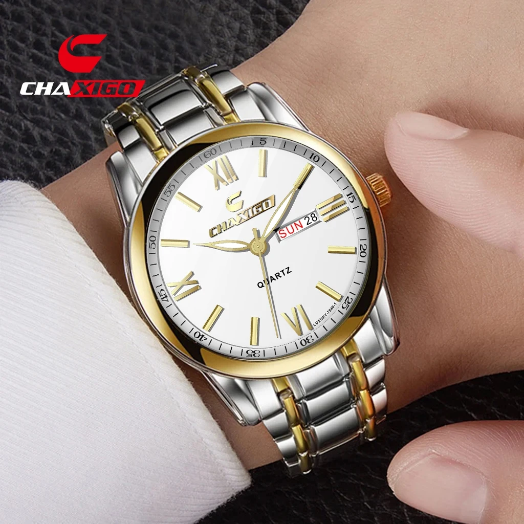 

CHAXIGO Men's Classic Stainless Steel Watch, 3ATM Water Resistant Luminous Dial, Steel Strap, Business Quartz Watch