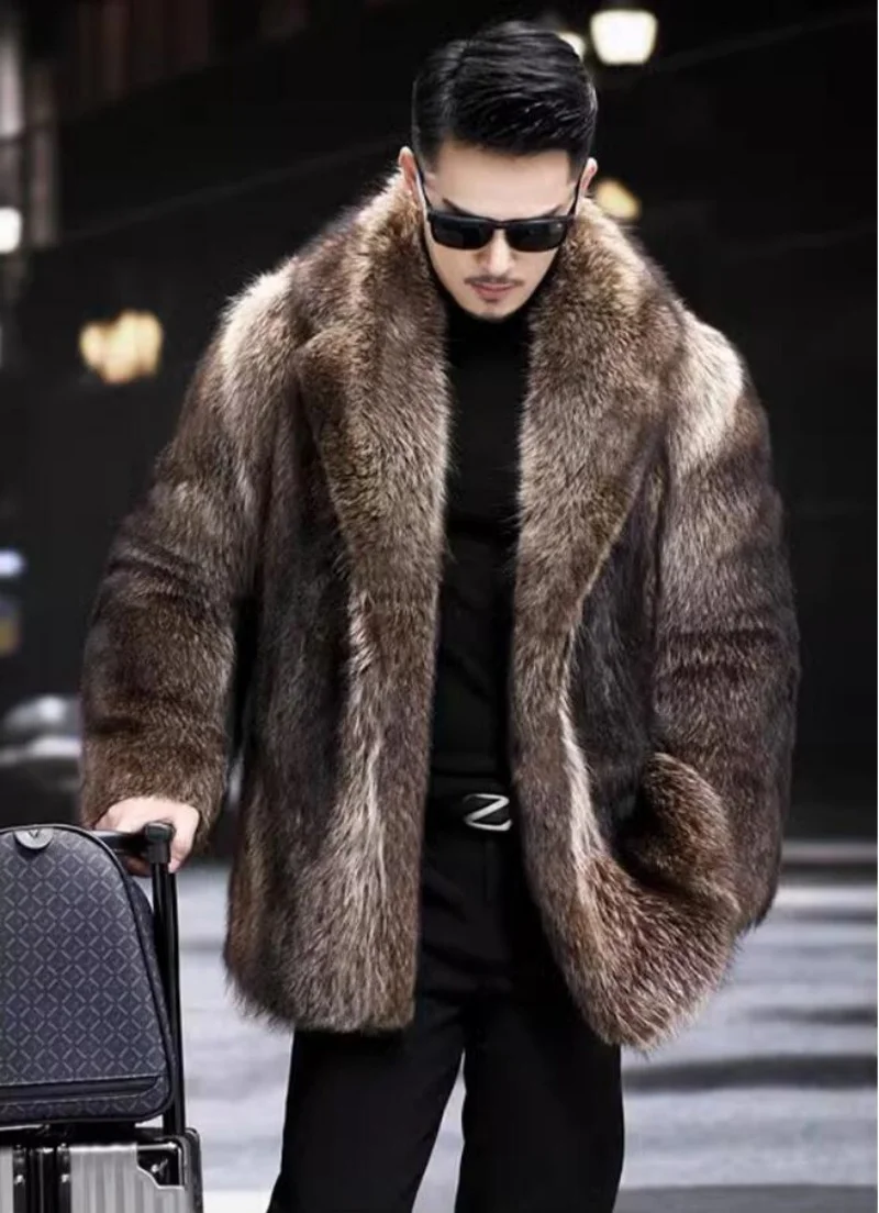 Faux Fox Fur Coat Men Mink Fur Coat Medium Long Heavy Craft Luxury Lapel Short Thickened Warm Winter Fashion High End Coats