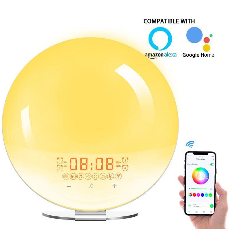 WiFiWireless Control Smart Wake-Up Alarm Clock Multifunctional Tap-Timer for Sleep and Wake-Up with Colorful Night Light