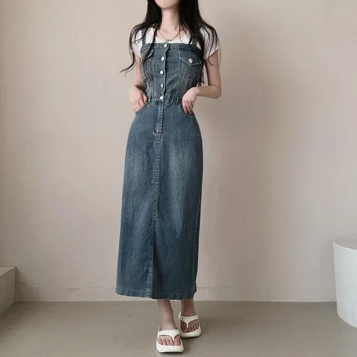 한국 스타일 벨트 데님 드레스 여성용 초가을 신상 슬림 롱 스커트 패셔너블 우아한 나이를 잊게 하는 드레스