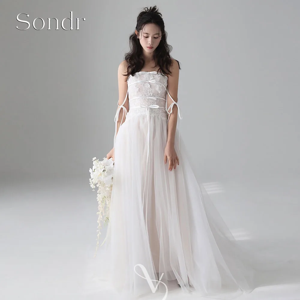 Sondr Customized Strapless Korean Wedding Dresses Bow Lace Korea Sleeveless Tulle Corset Brides Gowns A Line Bridal Dresses