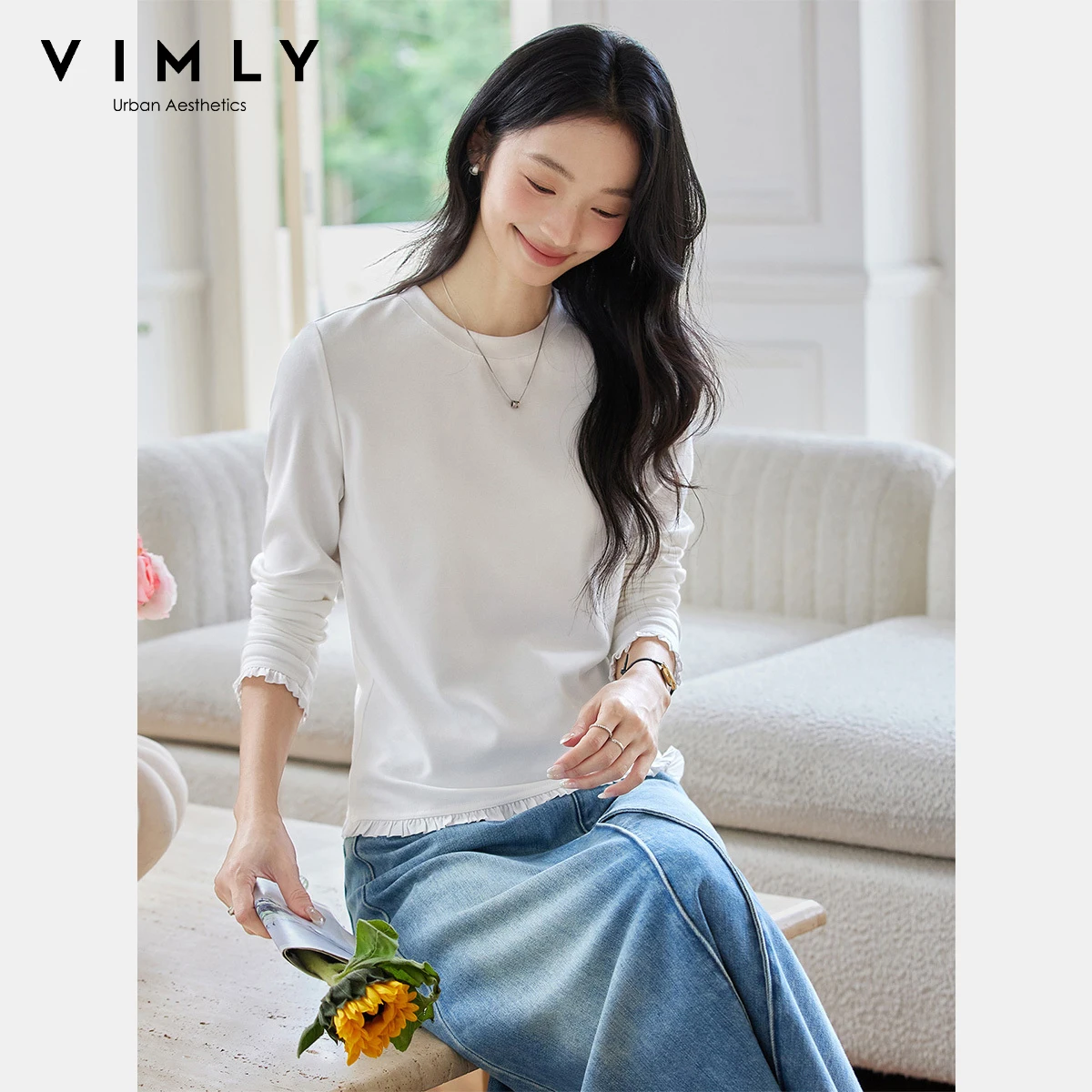 VIMLY Women's Long Sleeve T-shirts Casual Ruffle Splicing Hem Crew Neck Tops Autumn 2025 Knitted Female Tees Ladies Tops A2365