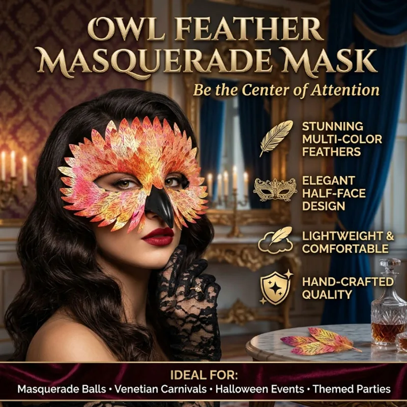 Exquisita Máscara de Media Cara de Pico de Pájaro de Halloween con Plumas de Búho para Disfraz de Carnaval, Fiesta de Disfraces, Accesorio de Vestuario