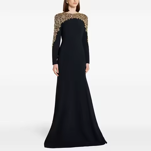 JDY Custom Women's Off - Shoulder Long Dress with Gold Embroidery - Elegant Evening Gown فستان ليلة
