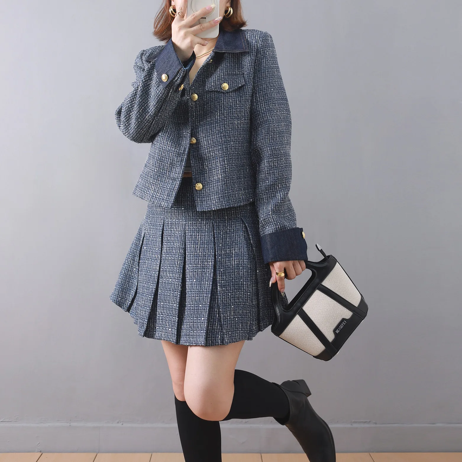 UNXX Real Shot Classic Style Set Women's 2024 Spring Autumn New Youthful College Style Spliced Denim Pleated Skirt Two-piece Set