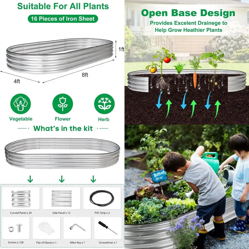 

Овальный комплект садовой кровати, 2 предмета, 8x4x1 футов, оцинкованный металлический горшок для садоводства на открытом воздухе, идеально подходит для овощей, фруктов, потока