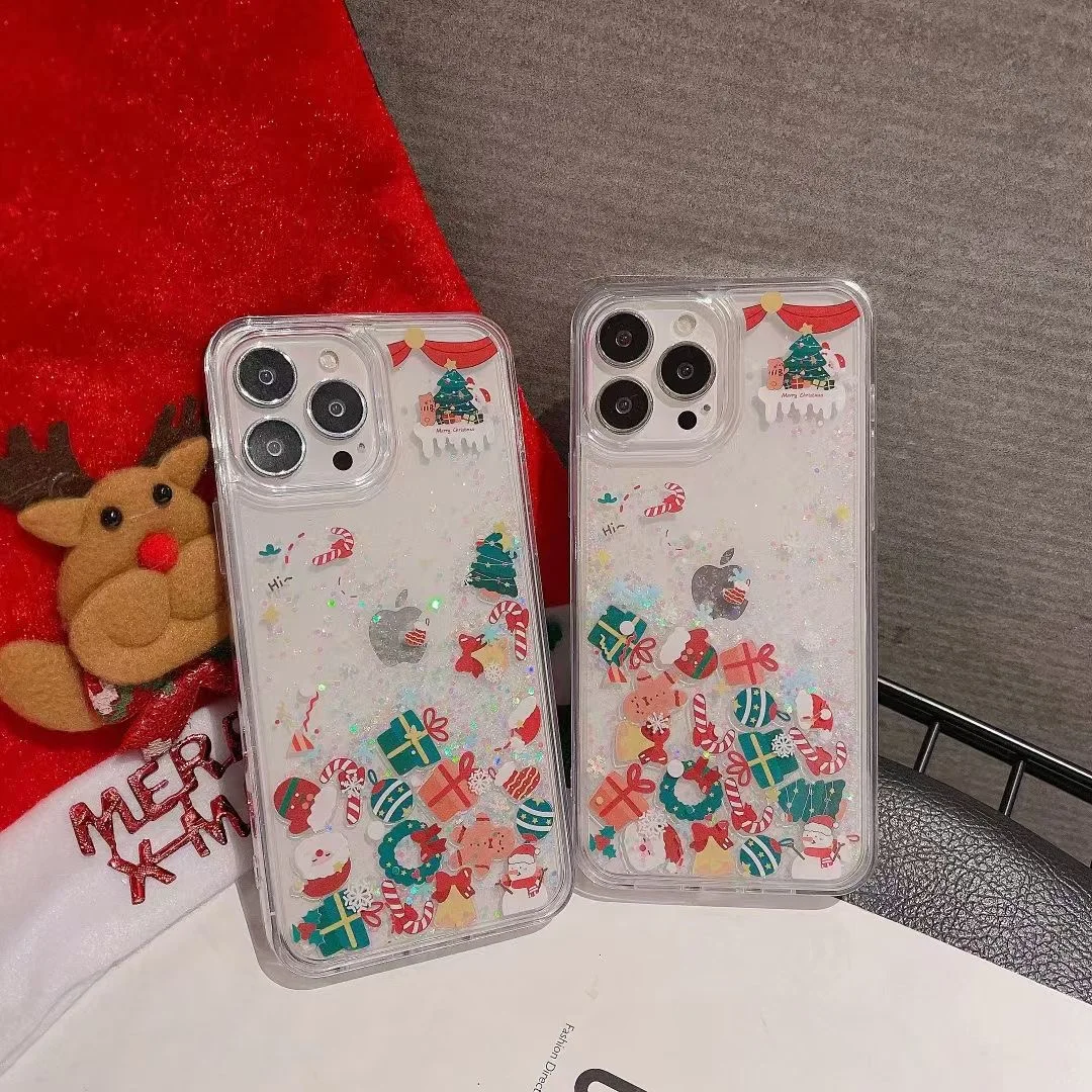 Christmas Cute Cartoon Santa Claus Snowman Shake Quicksand 3D Bling Glitter Phone Case For iPhone 11 12 13 14 15 16Pro Max Cover