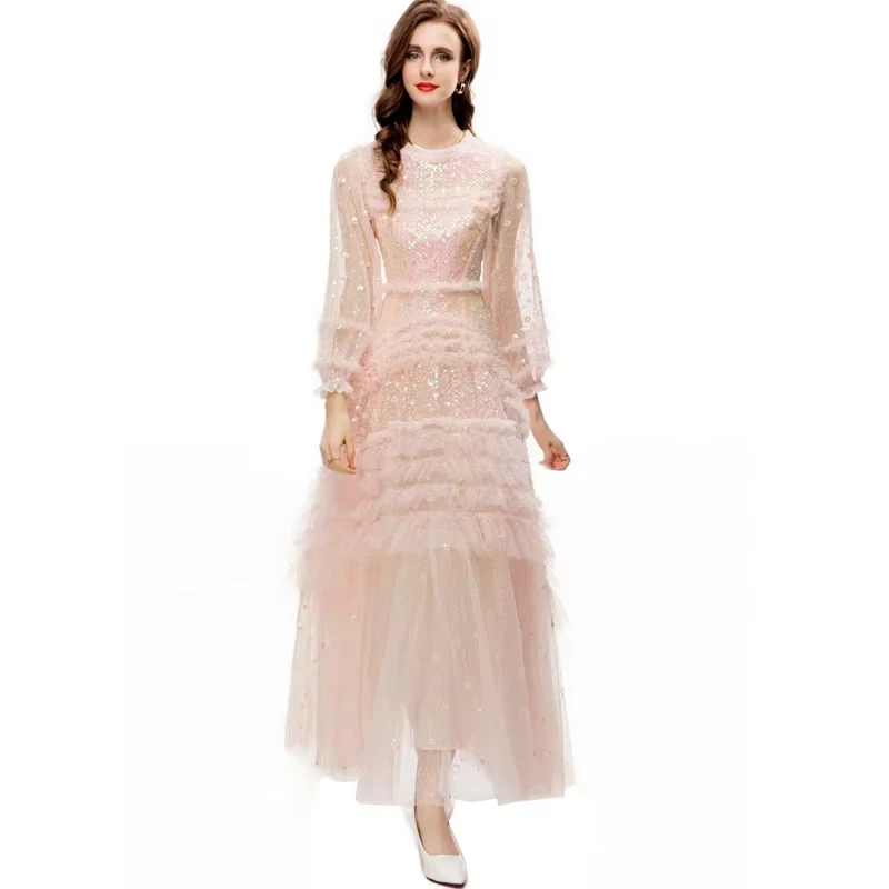 Summer Tulle Sequins Prom Dress Evening Women Brand Designer Mesh Ruffles Cake Long Sleeve Maxi Vestidos Party Wedding Dresses